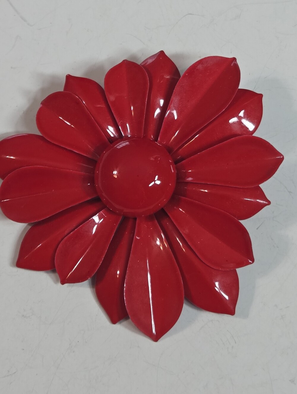 retro 70s red enameled flower brooch pin chrysanthimum petals 4in large